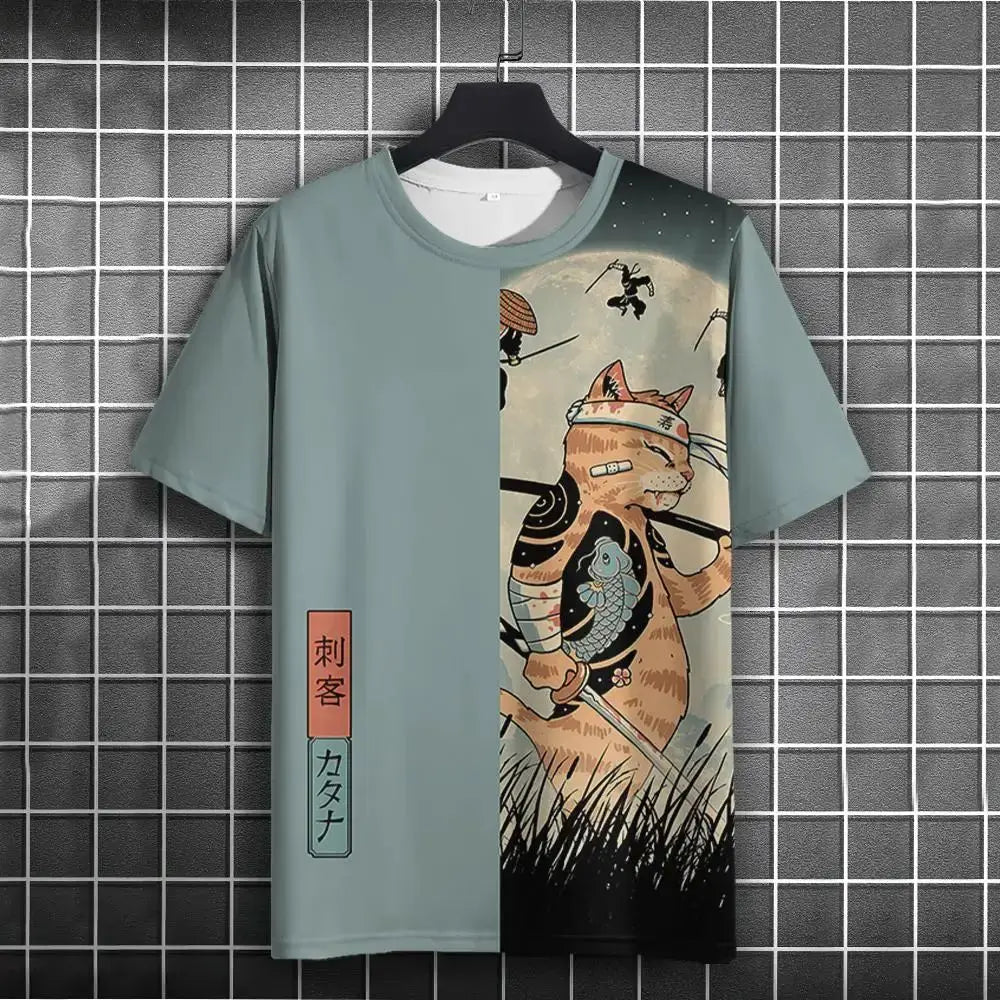 Unisex 2024 T-shirt Men Women Japanese Samurai Cat 3D Printed T-shirt