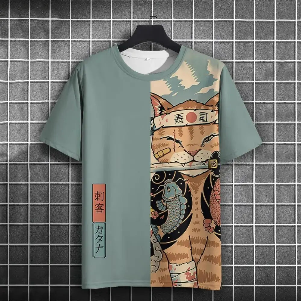 Unisex 2024 T-shirt Men Women Japanese Samurai Cat 3D Printed T-shirt