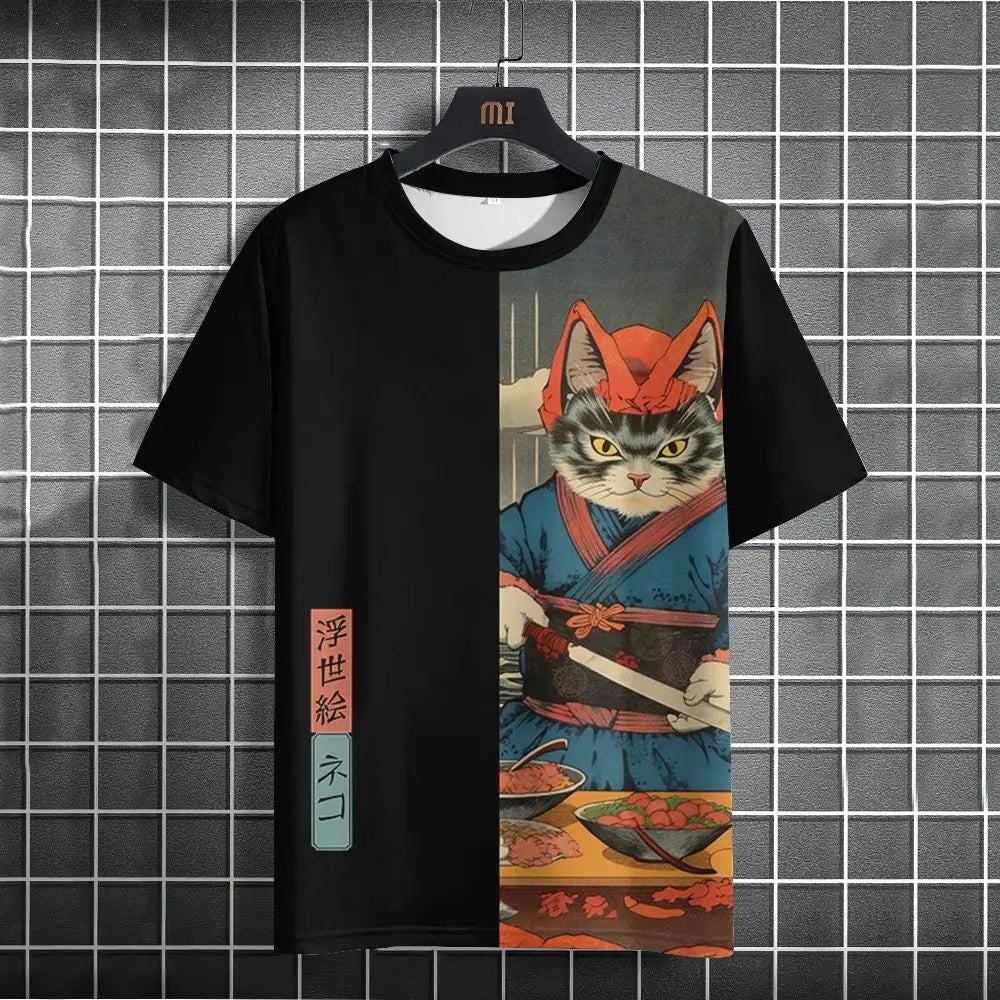 Unisex 2024 T-shirt Men Women Japanese Samurai Cat 3D Printed T-shirt