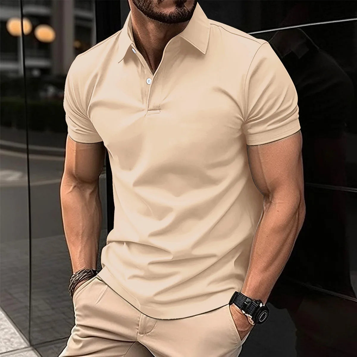 Best-Selling Men's Short-Sleeved Polo Shirt Lapel Button Solid Color Men's T-Shirt