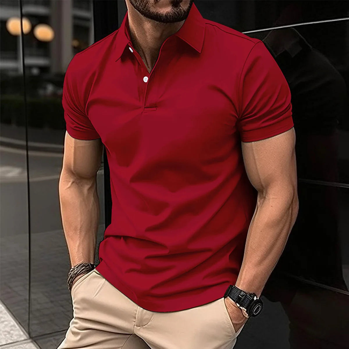 Best-Selling Men's Short-Sleeved Polo Shirt Lapel Button Solid Color Men's T-Shirt