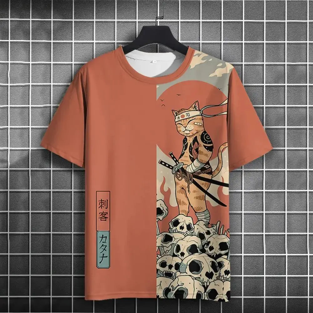 Unisex 2024 T-shirt Men Women Japanese Samurai Cat 3D Printed T-shirt