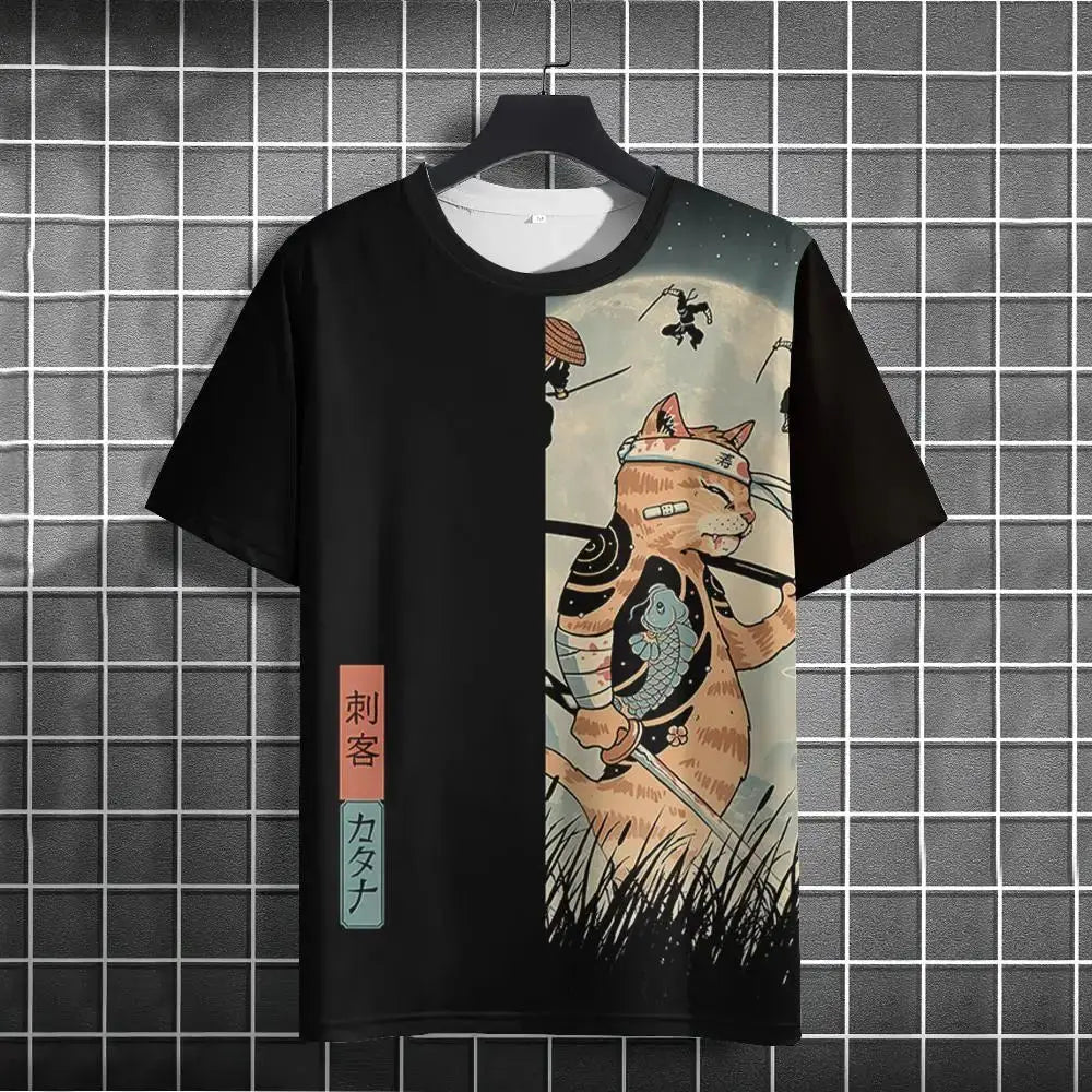 Unisex 2024 T-shirt Men Women Japanese Samurai Cat 3D Printed T-shirt