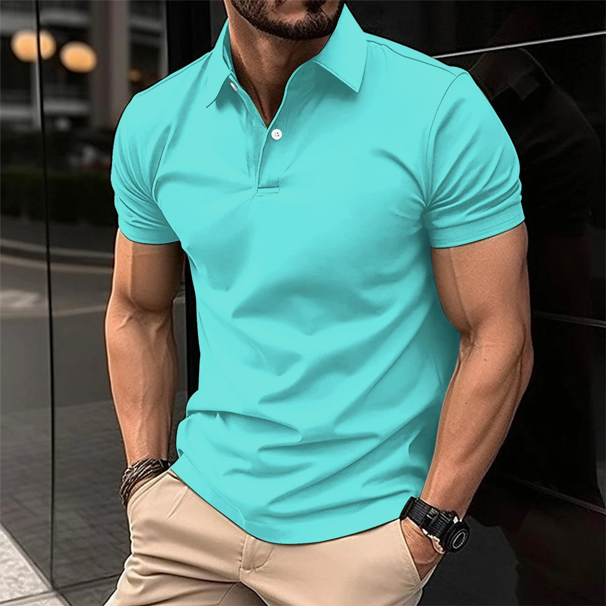 Best-Selling Men's Short-Sleeved Polo Shirt Lapel Button Solid Color Men's T-Shirt