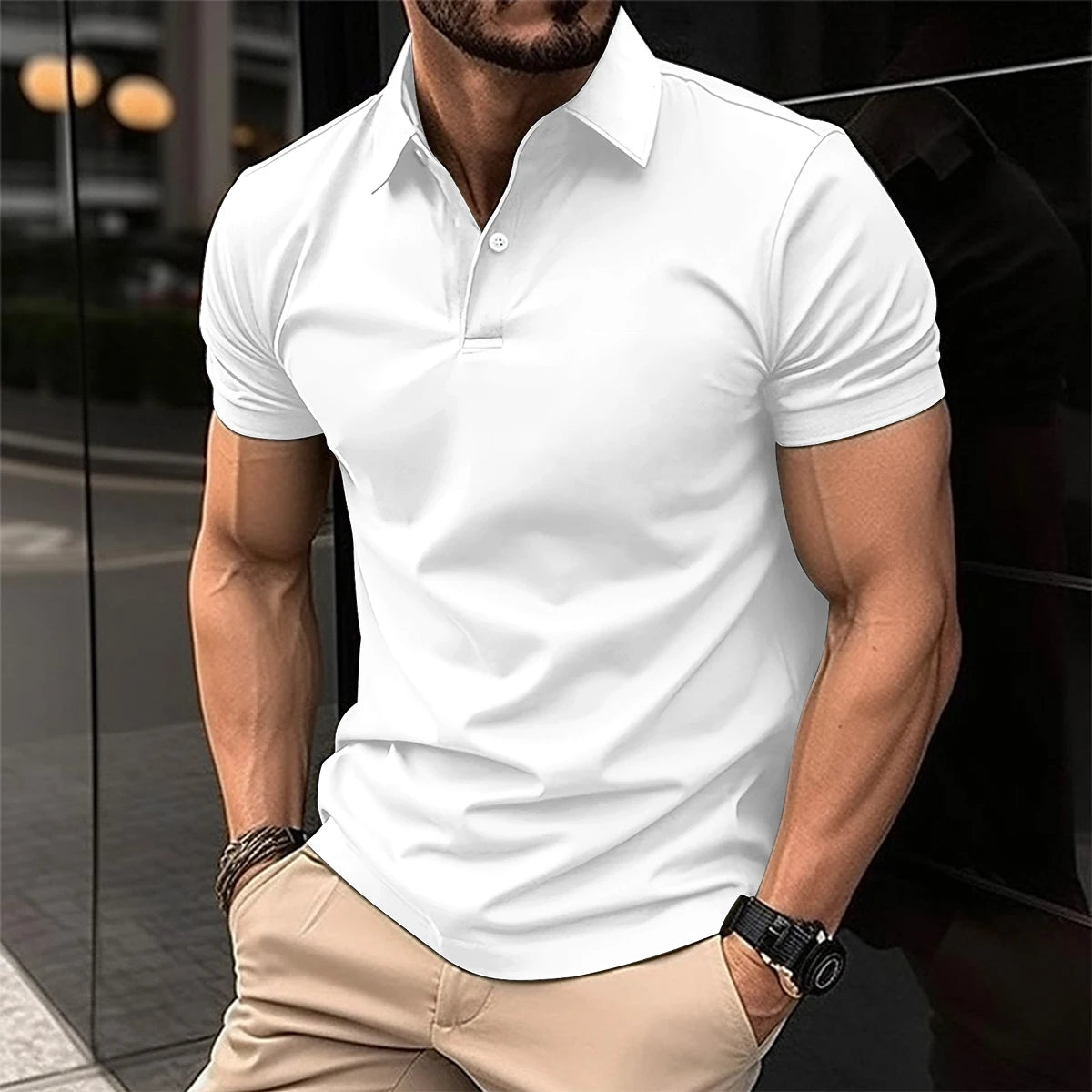 Best-Selling Men's Short-Sleeved Polo Shirt Lapel Button Solid Color Men's T-Shirt