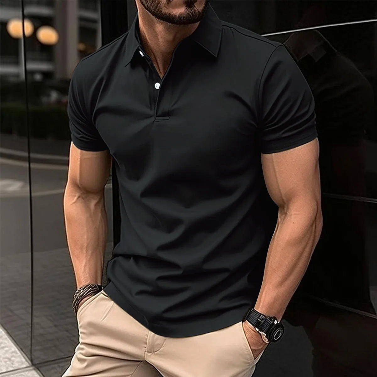 Best-Selling Men's Short-Sleeved Polo Shirt Lapel Button Solid Color Men's T-Shirt