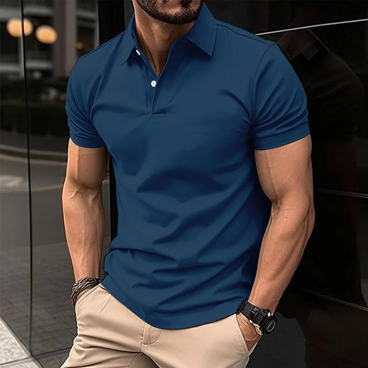 Best-Selling Men's Short-Sleeved Polo Shirt Lapel Button Solid Color Men's T-Shirt